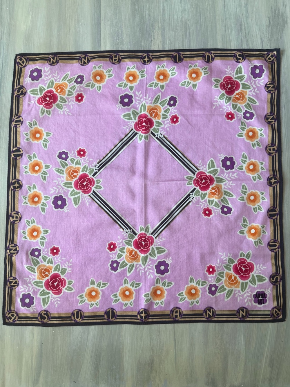 Anna Sui floral cotton scarf Bandana Roses Butterfly Purple Hair Bow Bag Scarf - Picture 3 of 12